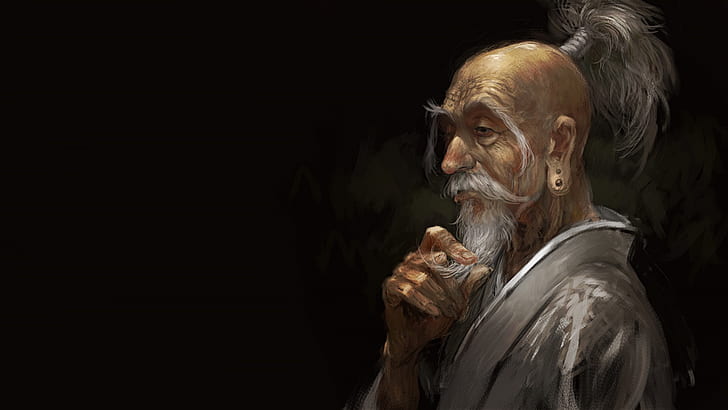 anime, man, asian, digital art, artwork, black background, old man
