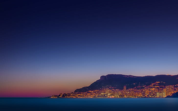 Monaco, City, Evening, Lights, Sea
