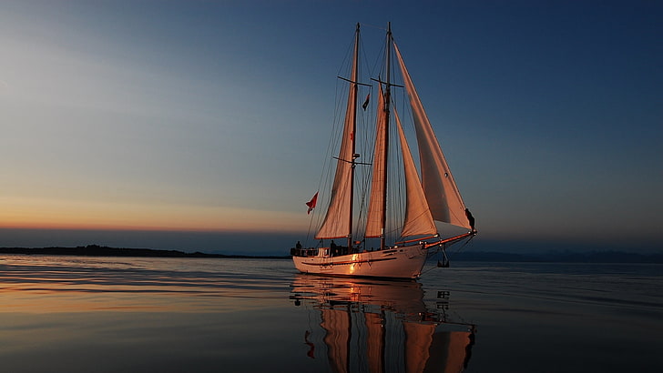 sailing ship, tall ship, calm, sky, sea, water, schooner, caravel, HD wallpaper