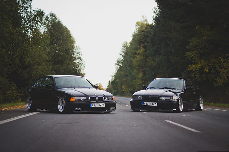 two black cars, Road, BMW, oldschool, 3 series, E36, Stance, transportation