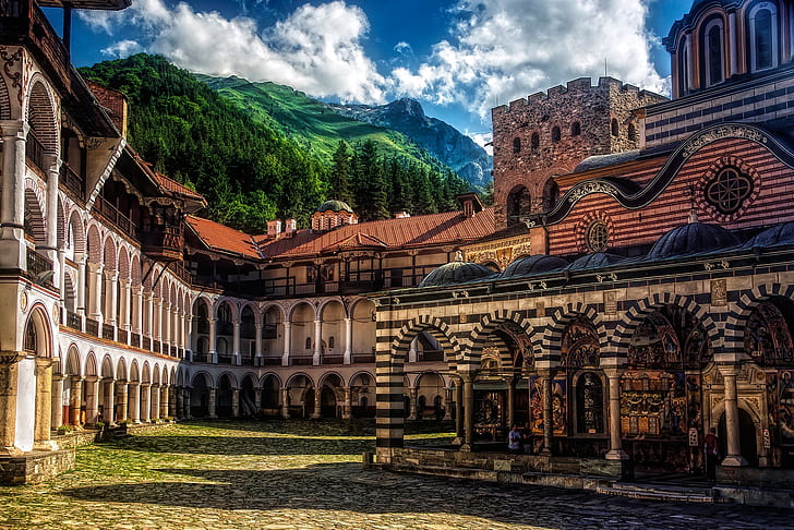 mountains, architecture, the monastery, Bulgaria, Rila Mountains, HD wallpaper