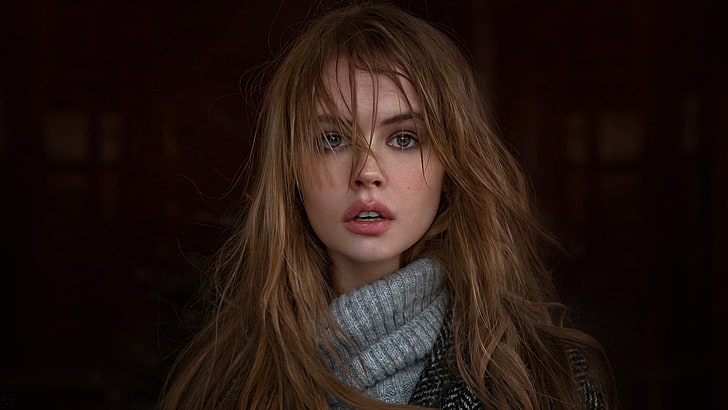 women's gray knit scarf, Anastasia Scheglova, blonde, face, portrait