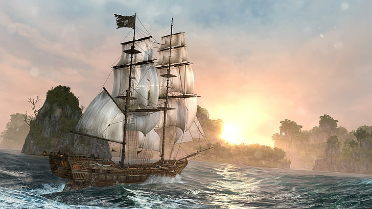 fantasy, ship, pirate, vessel, sky, sea, water, ocean, fisherman, HD wallpaper