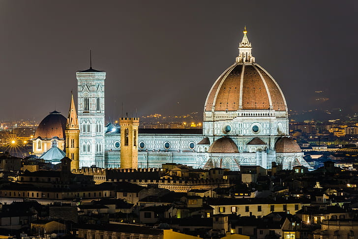 The Cathedral of Santa Maria del Fiore, Italy, lights, home, the sky, HD wallpaper