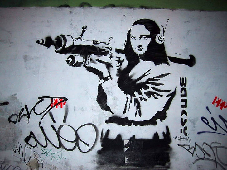 artwork, headphones, Mona Lisa, Banksy, laughing