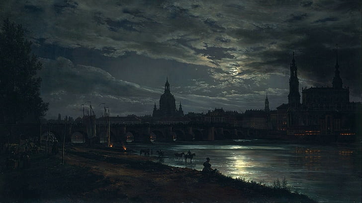 j c_ dahl women artwork classic art painting dresden germany cityscape city night river bridge moon cathedral reflection moonlight lights clouds trees horse ship, HD wallpaper