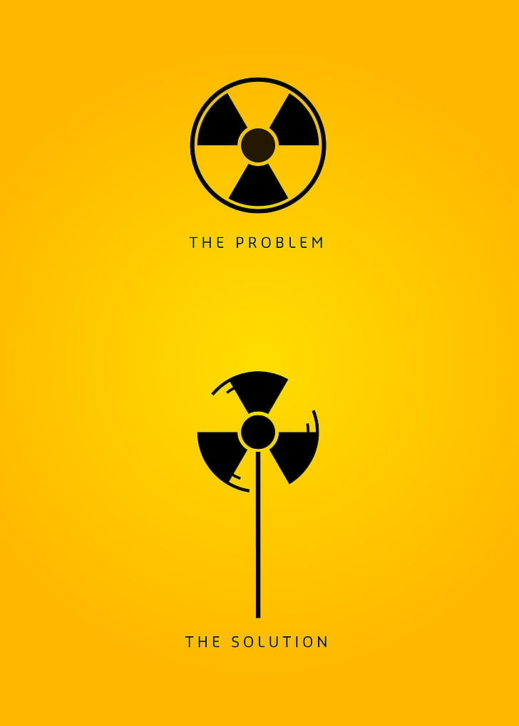 portrait display digital art signs radioactive wind turbine minimalism yellow background environment danger