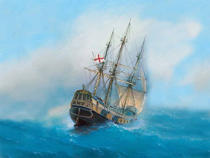 brown sailing ship, painting, vehicle, artwork, sea, transportation