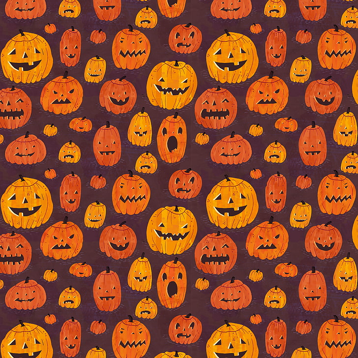 Jack-O-Lantern wallpaper, texture, pumpkin, Halloween, large group of objects, HD wallpaper