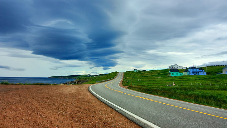 nature, road, green, hills, gravel, clouds, sea, horizon, gray, HD wallpaper