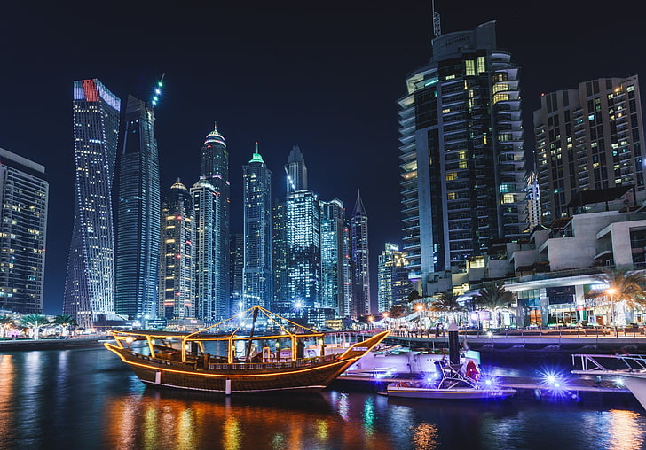Dubai, cityscape, night, boat, building exterior, built structure, HD wallpaper