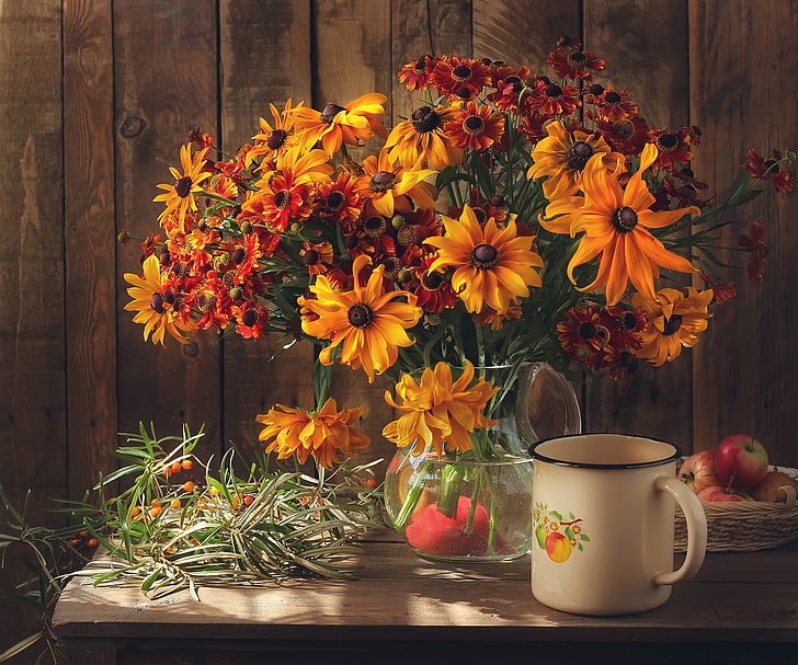 yellow and red flowers and clear vase table decoration, apples, HD wallpaper