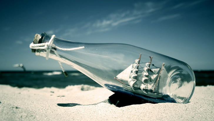 beach, ship in a bottle, sailing ship, sand, photography, bottles
