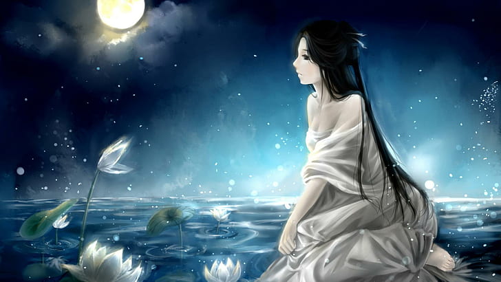 Girls, night, moon, water lily, painting, beautiful mood, woman in white dress sitting in front of lily flowers during night time painting