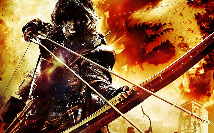 man holding arrow wallpaper, dragons dogma, bow, arrows, fire, HD wallpaper