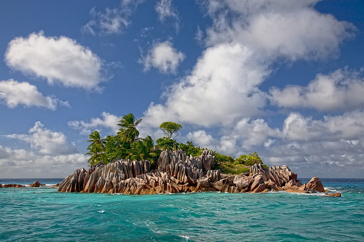 island surrounded by body of water, Seychelles, sea, tropical, HD wallpaper