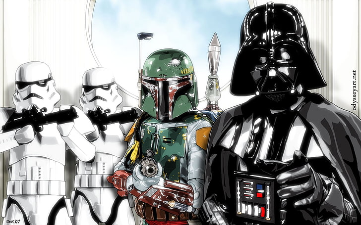 Star Wars Darth Vader, Bobafett, and two Stormtrooper, Boba Fett