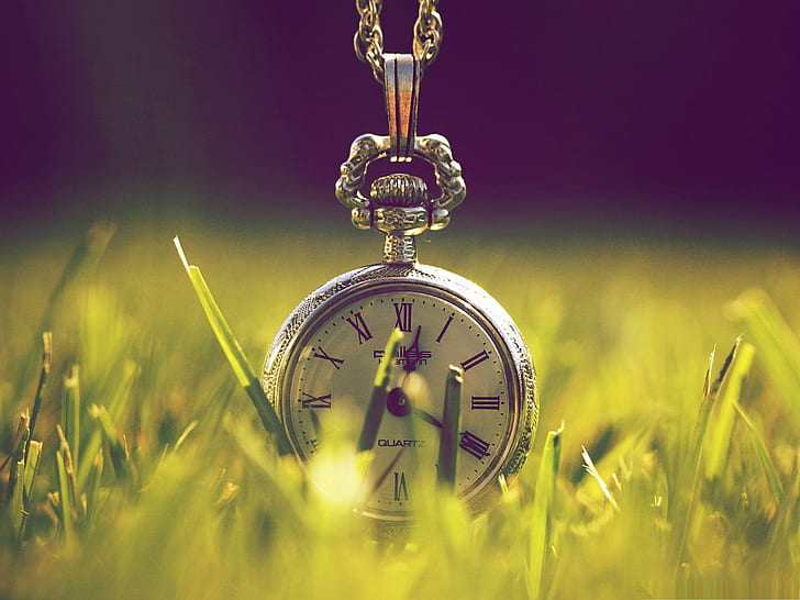 Old Pocket Watch, time, grass, photo art, 3d and abstract, HD wallpaper
