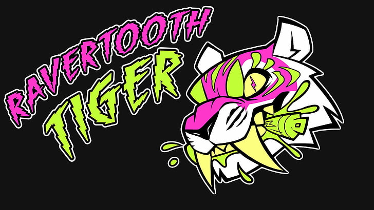 Ravertooth Tiger logo, colorful, hardcore, chiptune, music, neon