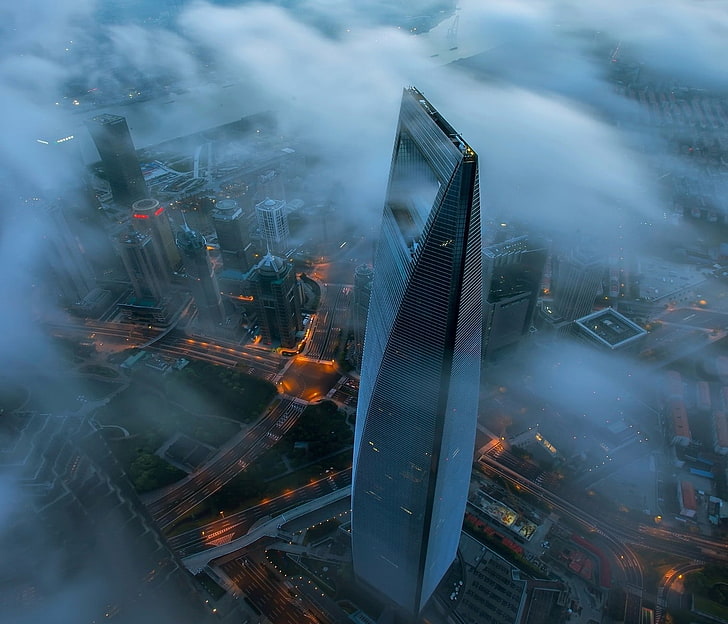 Shanghai World Financial Center wallpaper, bird's eye view of gray skyscraper, HD wallpaper