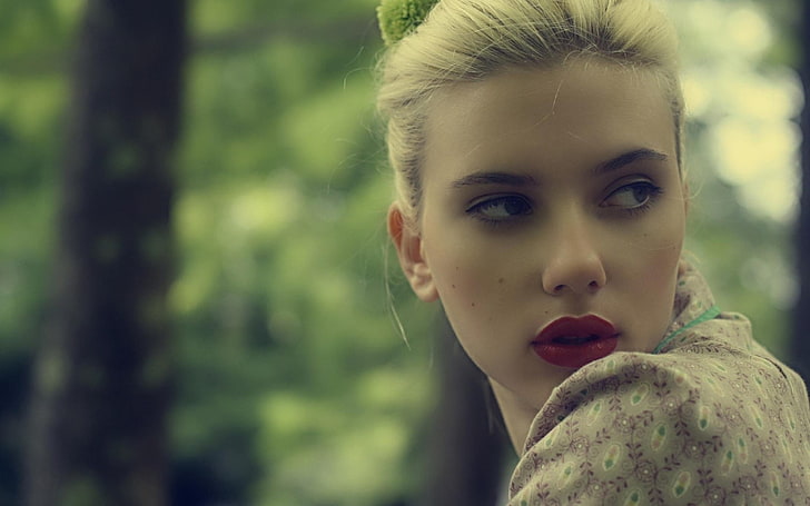 Scarlet Johanson, women, red lipstick, blonde, Scarlett Johansson, HD wallpaper
