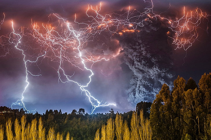 white and orange lightning, photography, nature, landscape, storm, HD wallpaper
