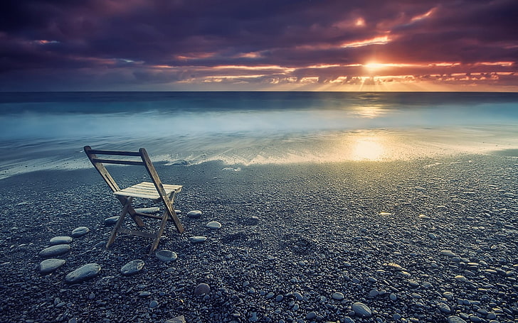 beach, nature, sunset, coast, landscape, clouds, chair, sea, HD wallpaper