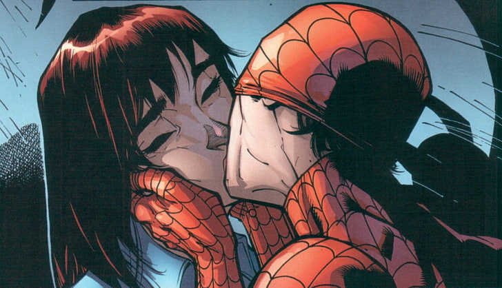 Spider-Man illustration, Mary Jane, kissing, one person, headshot