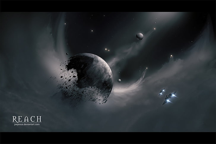 space ships near moon illustration, JoeyJazz, spacescapes, science fiction, HD wallpaper