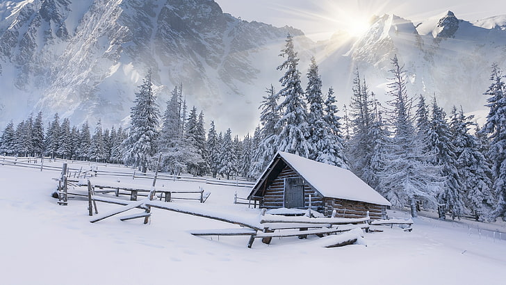 winter, snow, mountain range, mountainous landforms, sky, frost, HD wallpaper