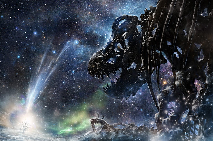 T-rex bone digital wallpaper, dinosaurs, stars, fantasy art, night