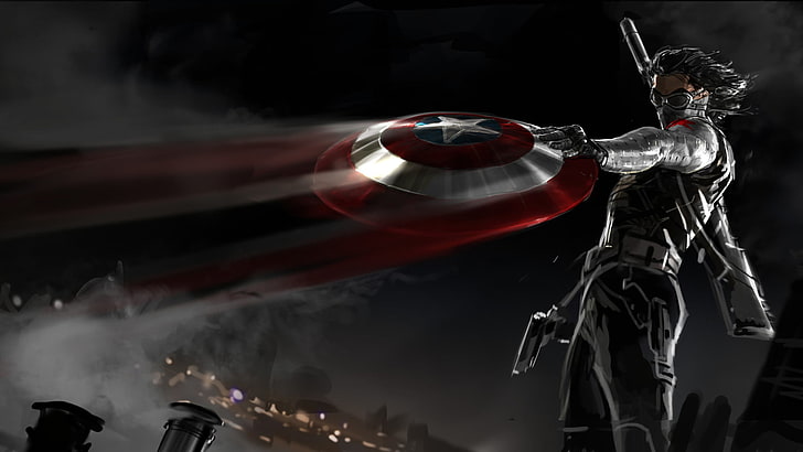 Bucky Barnes holding Captain America shield digital wallpaper
