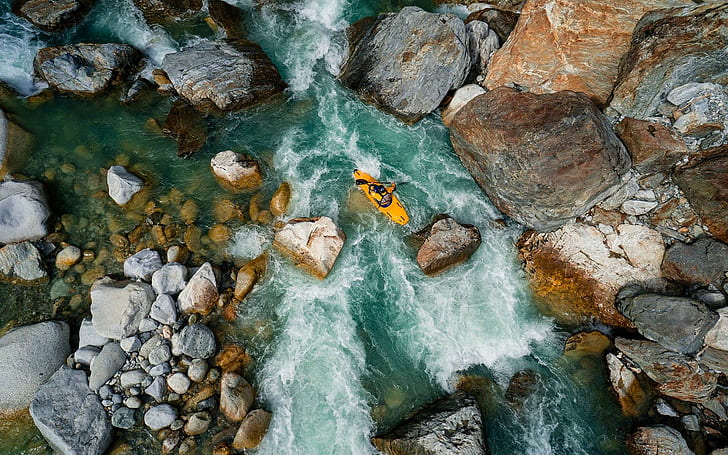 nature, river, water, rock, rocks, stone, stones, canoes, rafting, HD wallpaper