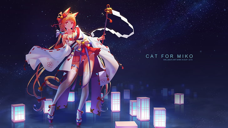 anime girls, miko, neko ears, cat ears, cat girl, night, representation