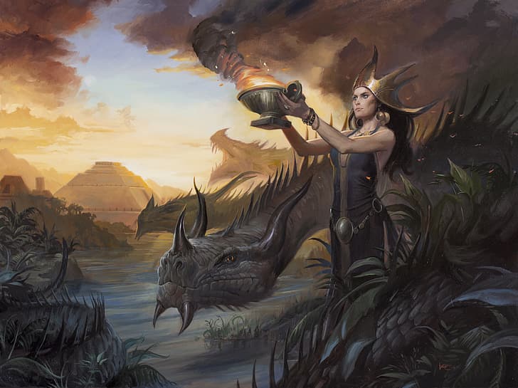 girl, woman, dragon, figure, the victim, swamp, ritual, fantasy, HD wallpaper