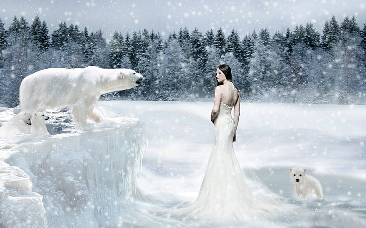 fantasy art, fantasy girl, polar bears, HD wallpaper