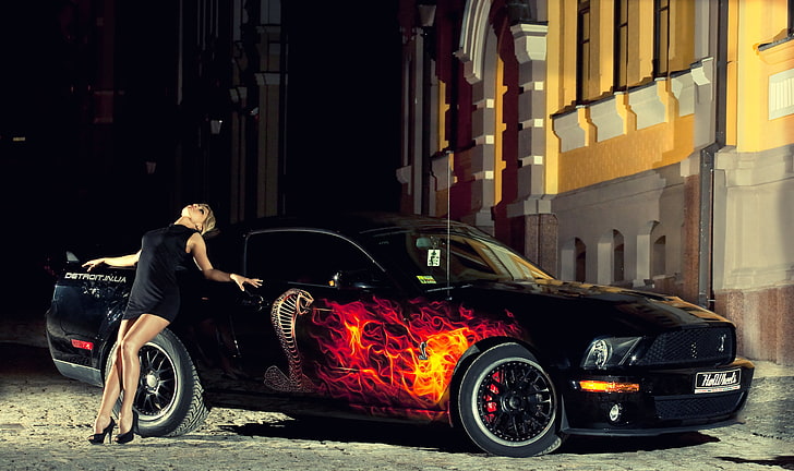 black and red Ford Mustang GT coupe, auto, girl, night, car, sports Car, HD wallpaper