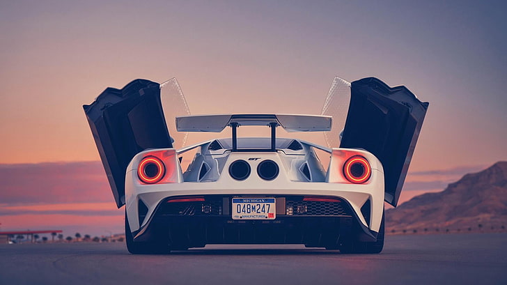 white sports car, Ford GT, wings, sunset, Super Car , sky, retro styled