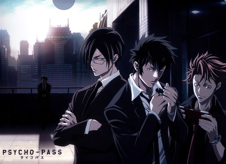 Psycho-Pass, black outfits, anime, building exterior, city