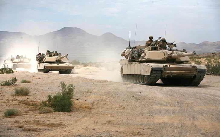 three gray army tanks, USA, armor, military equipment, M1A2 Abrams