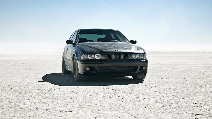 black BMW 5 series, the sun, desert, car, black car, m5 e39, cool
