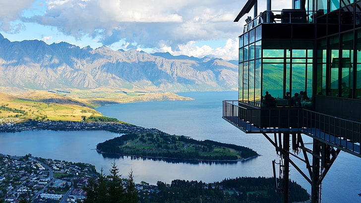 Queenstown, trees, lake, panorama, people, shadow, New Zealand, HD wallpaper
