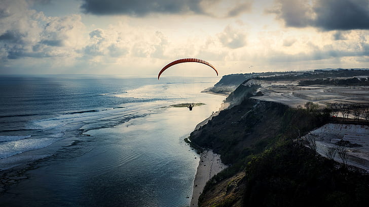 Bali, sea, paragliding, cliff, coast, sky, Indonesia, landscape