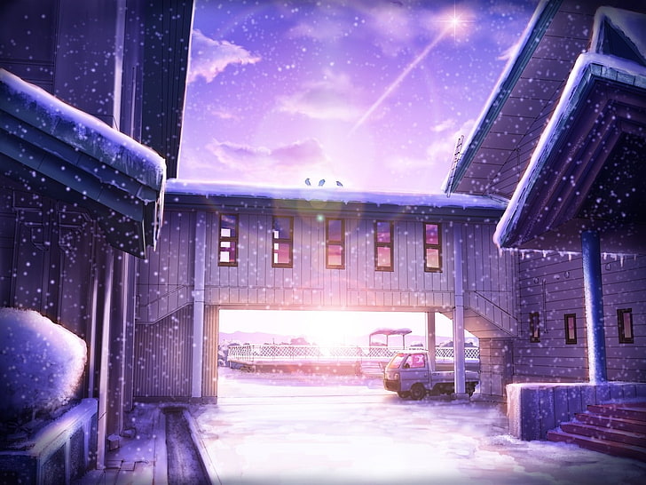 anime, landscape, lens flare, snow, sunlight, building, architecture
