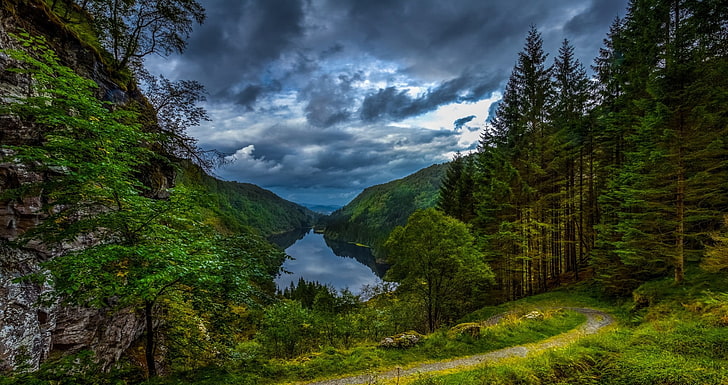 nature, landscape, lake, forest, clouds, path, grass, trees