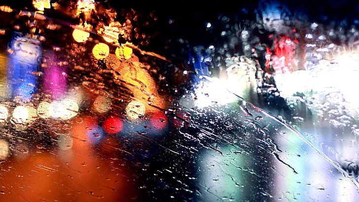 rain, water, light, raindrops, night, world, glass, windscreen