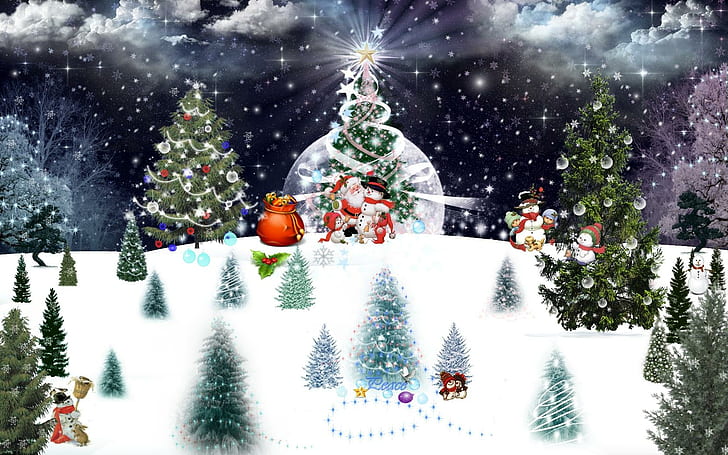 Winter,s Wonderland, trees, snowflakes, stars, christmas, santa