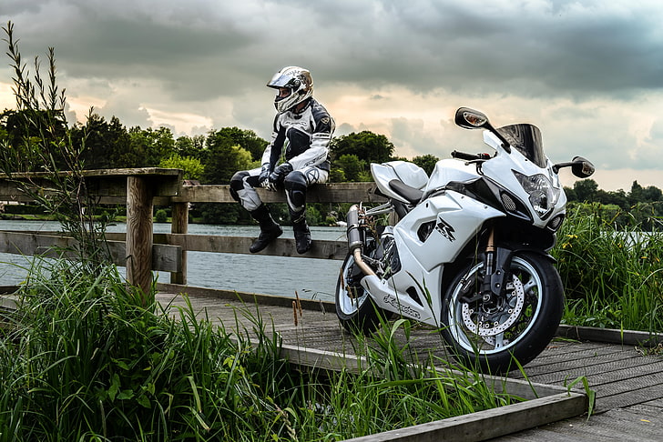 white sports bike, the sky, clouds, motorcycle, motorcyclist, HD wallpaper