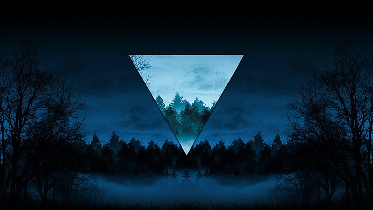 Abstract, Polyscape, Blue, Dark, Fog, Nature, Night, Tree, Triangle, HD wallpaper