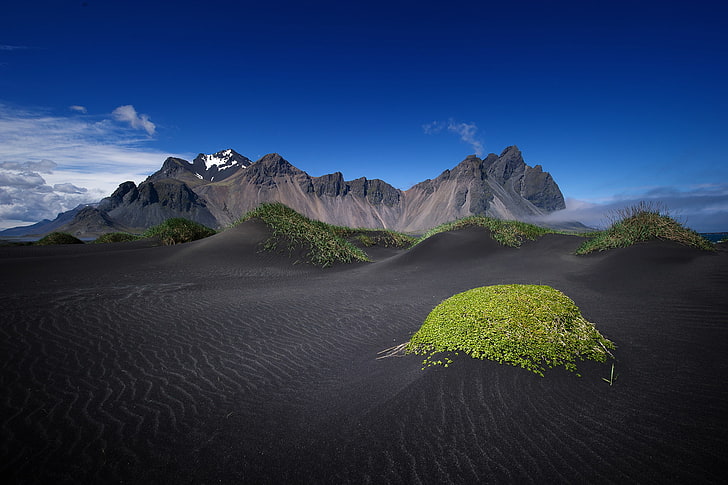 gray and black mountain, the sky, grass, mountains, Iceland, Vestrahorn